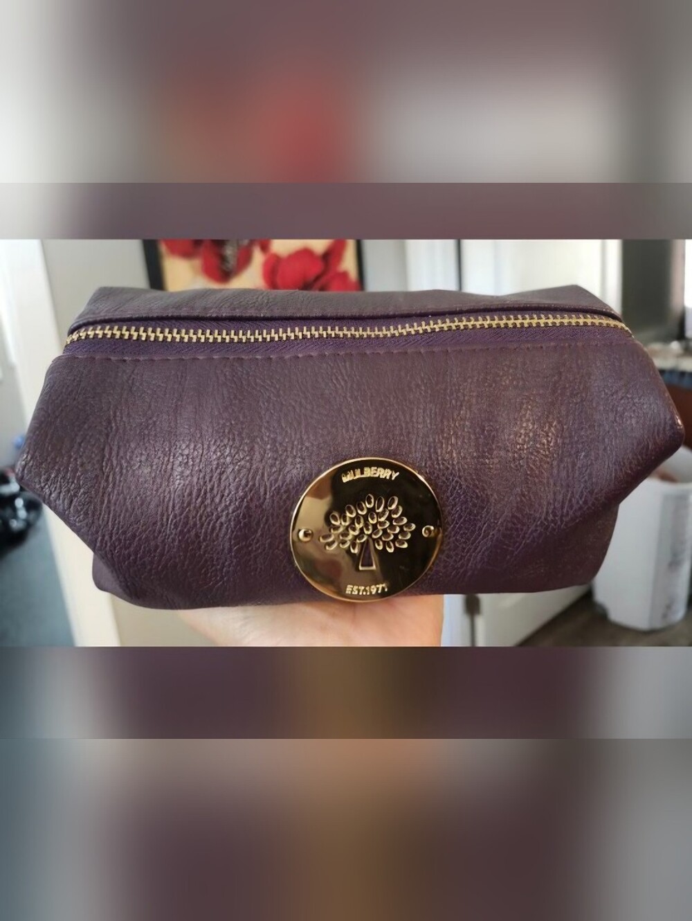 Like New, Mulberry Daria Deep Plum Leather Zip Pouch with Gold Tree Medallion.